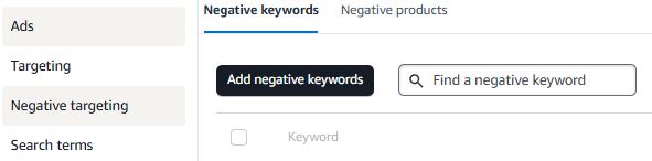 Add negative keywords menu